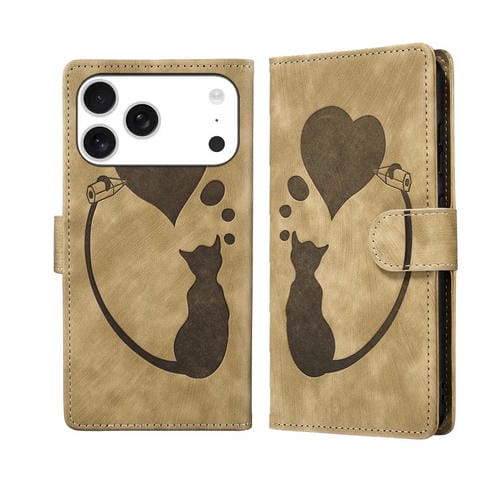 Funda de piel con relieve de gato y corazón para iPhone 17 Pro (albaricoque)