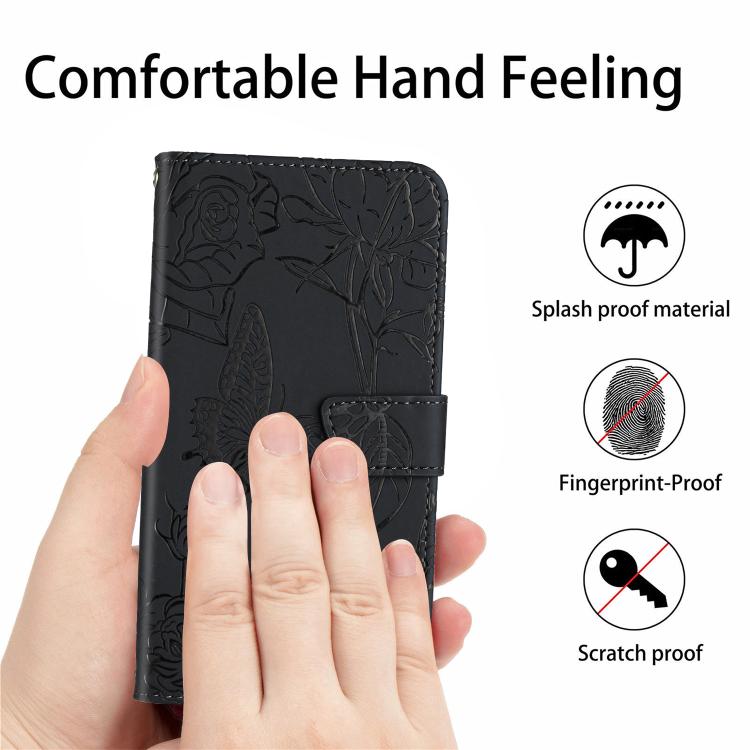 Funda de cuero con tapa y diseño de mariposas en relieve para TCL 60 SE / 605 HT03 (negra)