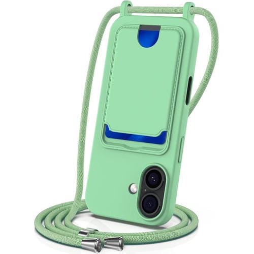 Funda de silicona líquida de color sólido con tarjetero integrado para iPhone 17 y cordón (verde)