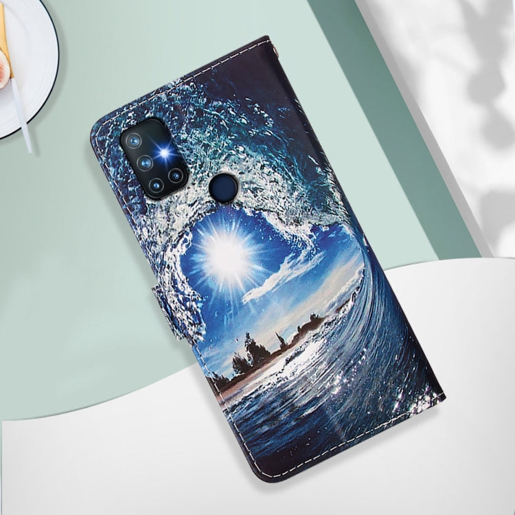Funda de Cuero para OnePlus Nord N10 5G con Patrón de Colores y Tejido Liso (Ondas y Sol)