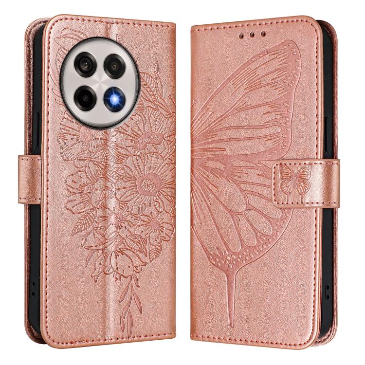 Funda de Cuero OnePlus Ace 5 Pro/Ace 5 con Diseño de Mariposa en Relieve (Oro Rosa)