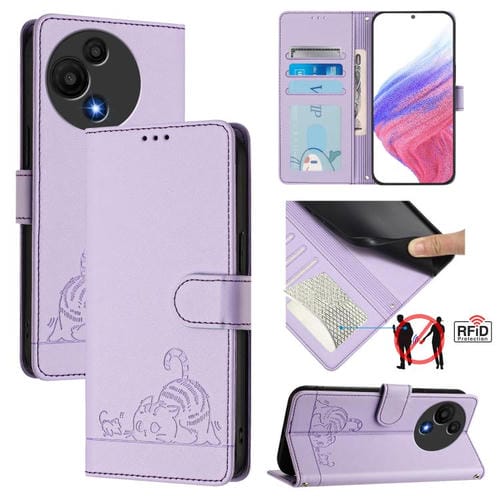 Funda de cuero RFID con estampado de gato y rata para TCL 60 SE NxtPaper/605 con cordón (morado)