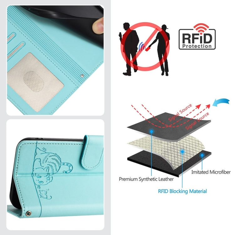 Funda de Cuero Rfid para Teléfono Itel A50C con Cordón Estampado de Rata y Gato (Verde Menta)