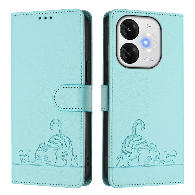 Funda de Cuero Rfid para Teléfono Itel A80 4G con Cordón Estampado Rata y Gato (Verde Menta)