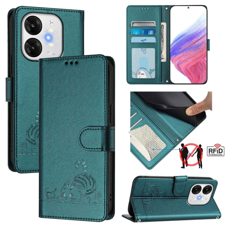 Funda de Cuero Rfid para Teléfono Itel A80 4G con Cordón Estampado Rata y Gato (Verde Pavo Real)