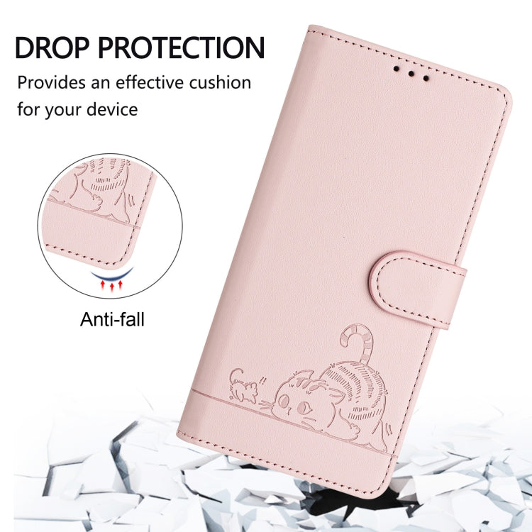 Funda Cuero Rfid Tecno Spark 30 5G Estampado Rata y Gato Relieve con Cordón (Rosa)