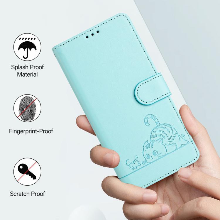 Funda de cuero RFID con estampado de gato y rata para Tecno Camon 40 Premier con cordón (verde menta)