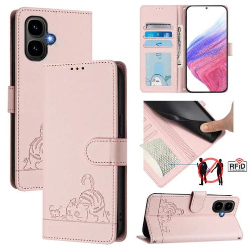 Funda de cuero RFID con estampado de gato y rata en relieve para Infinix Smart 10 4G / Tecno Pop 10 (rosa)