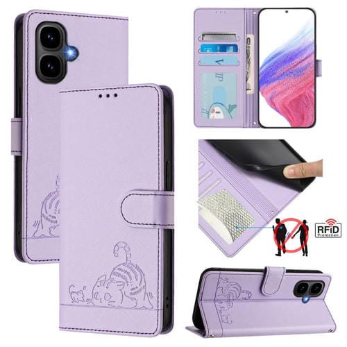 Funda de cuero RFID con estampado de gato y rata en relieve para Infinix Smart 10 4G / Tecno Pop 10 (morado)