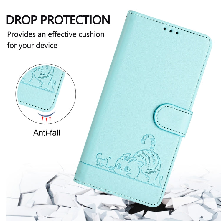 Funda de Cuero Rfid para OnePlus Nord N10 5G con Estampado de Rata y Gato en Relieve y Cordón (Verde Menta)