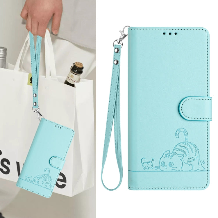 Funda de Cuero Rfid para OnePlus Nord N10 5G con Estampado de Rata y Gato en Relieve y Cordón (Verde Menta)