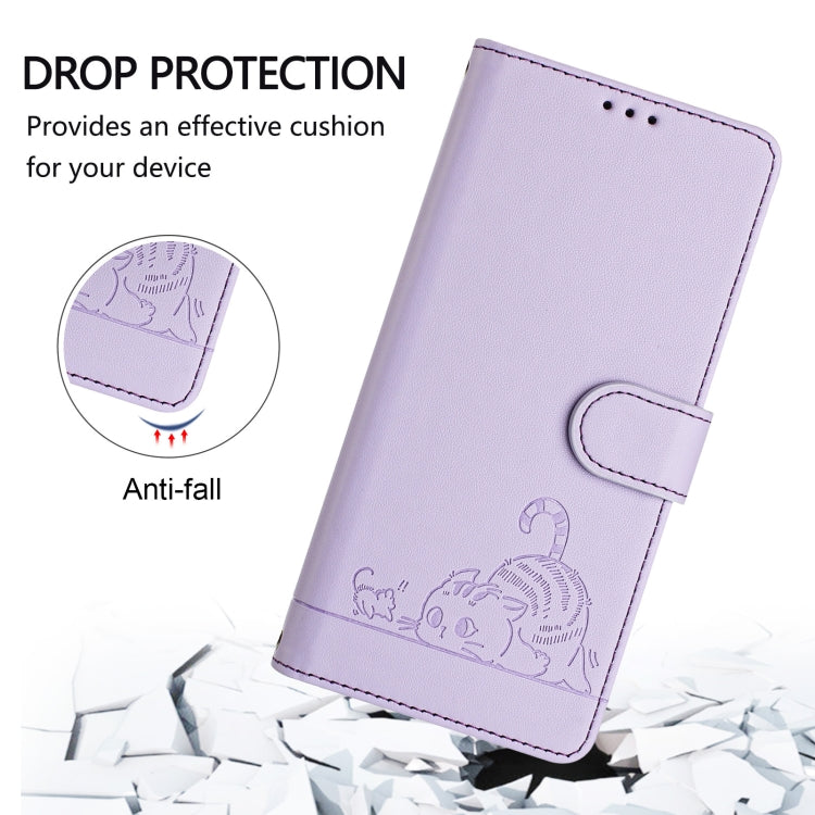 Funda de Cuero Rfid para OnePlus Nord N10 5G con Estampado de Rata y Gato y Cordón (Morado)