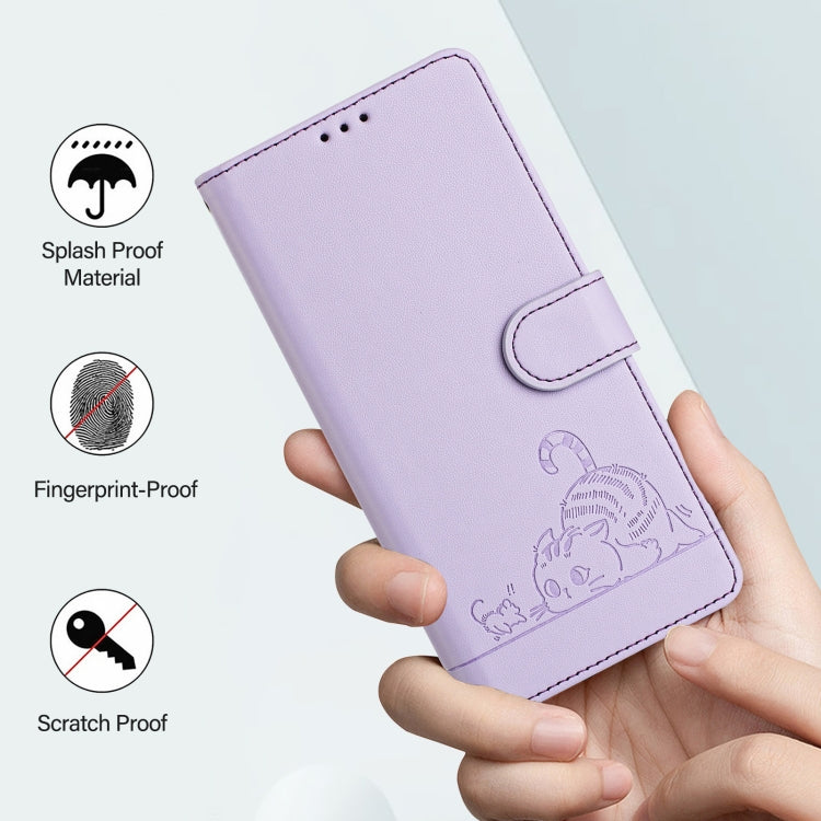 Funda de Cuero Rfid para OnePlus Nord N10 5G con Estampado de Rata y Gato y Cordón (Morado)