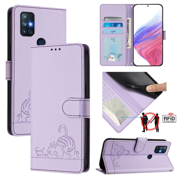 Funda de Cuero Rfid para OnePlus Nord N10 5G con Estampado de Rata y Gato y Cordón (Morado)