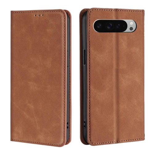 Funda de Cuero Magnética con Tacto de Piel para Google Pixel 9 Pro XL (Marrón Claro)