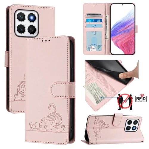 Funda de Cuero Rfid Honor X8C 4G Global con Estampado de Rata y Gato en Relieve (Rosa)
