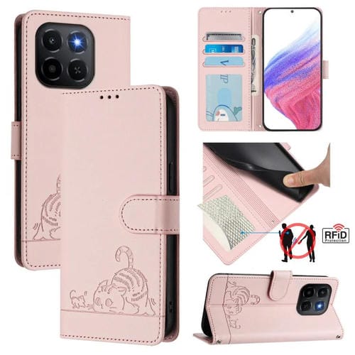 Funda de cuero RFID con estampado de gato y rata para Honor X6c 4G con cordón (rosa)