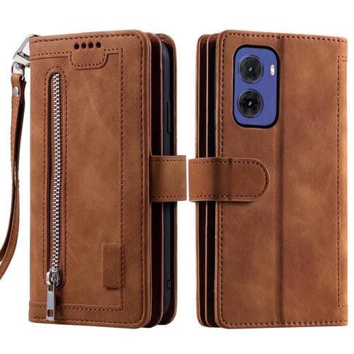Funda de Cuero con Cremallera y Cordón para Motorola Moto G05 Nine Card (Marrón)