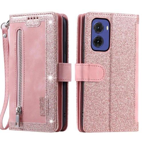 Funda de Cuero con Cremallera y Cordón para Motorola Moto G05 Nine Card (Rosa)