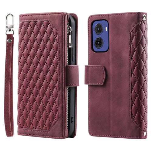 Funda de Cuero con Cremallera y Textura de Cuadrícula para Motorola Moto G05 con Cordón (Rojo Vino)
