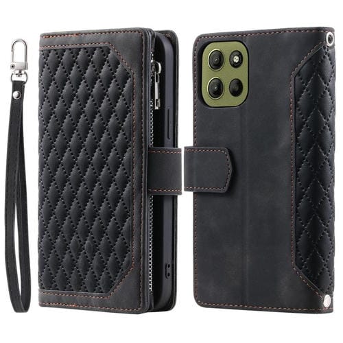 Funda de Cuero con Cremallera y Textura de Cuadrícula para Motorola Moto G15 con Cordón (Negro)