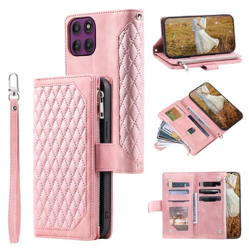 Funda de cuero con cremallera y cordón para Motorola Edge 60 Pro (oro rosa)