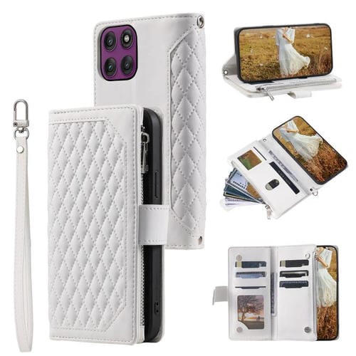 Funda de cuero con cremallera y cordón para Motorola Edge 60 Pro (blanco)
