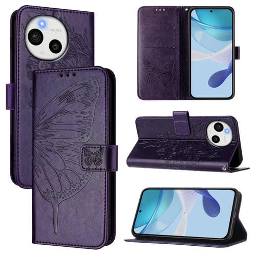 Funda de Cuero para Sharp Aquos Sense9 Plus con Diseño de Mariposa En Relieve (Morado Oscuro)