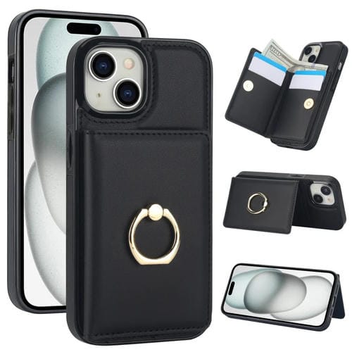 Funda para Teléfono iPhone 15 con Soporte para Anillo y Tarjeta Antirrobo Rfid (Negro) - MOVILSTORE
