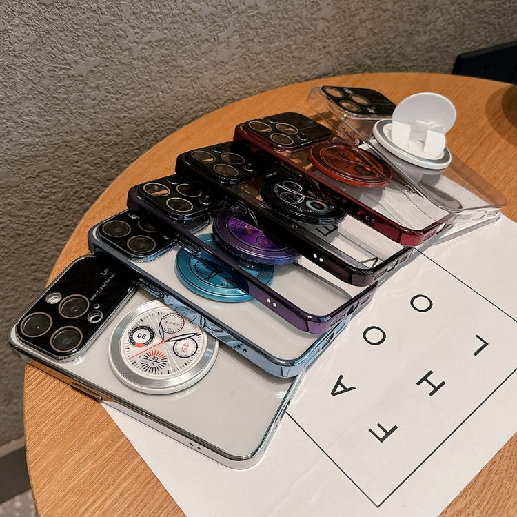 Caja de teléfono para iPhone 15 PC con soporte y ventana grande galvanizada (Transparente) - MOVILSTORE