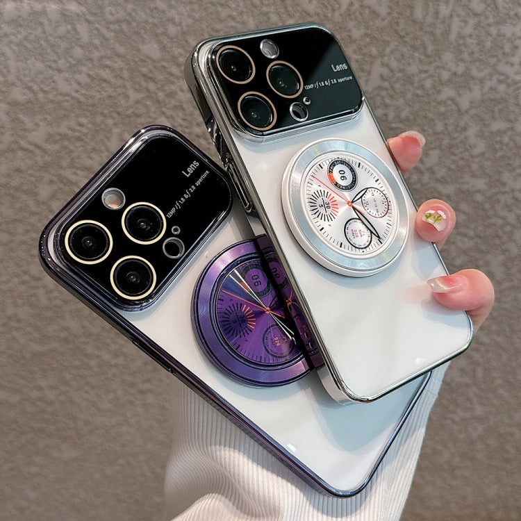 Caja de teléfono para iPhone 15 PC con soporte y ventana grande galvanizada (Transparente) - MOVILSTORE
