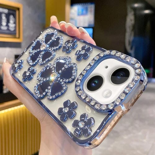 Funda para Teléfono TPU iPhone 15 con Diamantes y Flores Galvanizada (Azul) - MOVILSTORE