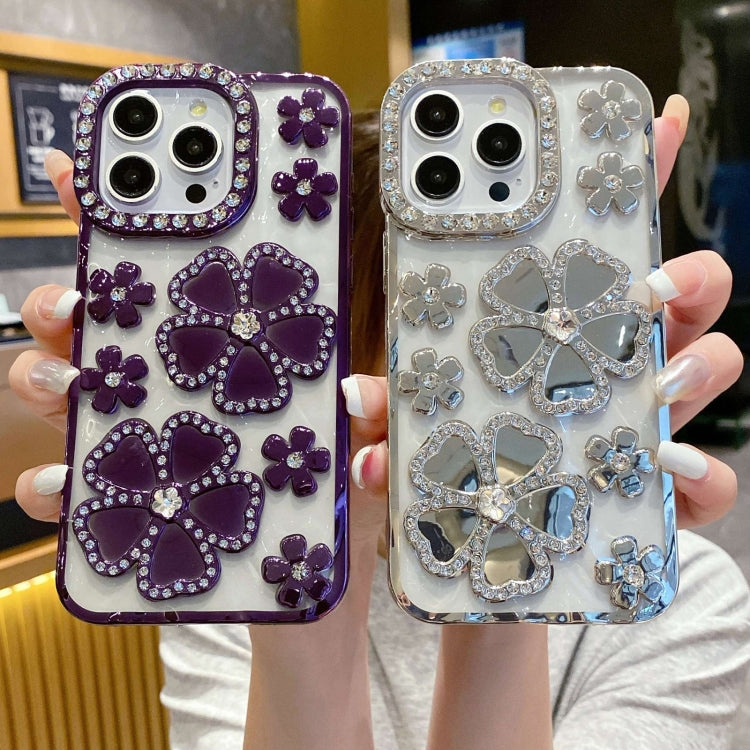 Funda para Teléfono TPU iPhone 15 con Diamantes y Flores Galvanizada (Azul) - MOVILSTORE