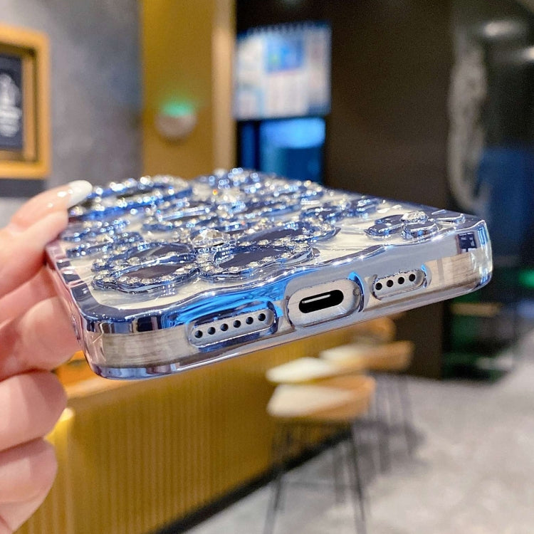 Funda para Teléfono TPU iPhone 15 con Diamantes y Flores Galvanizada (Azul) - MOVILSTORE