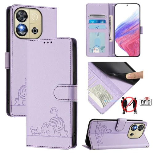 Funda de Cuero Rfid para Oukitel C57S con Estampado de Rata y Gato en Relieve y Cordón (Morado)