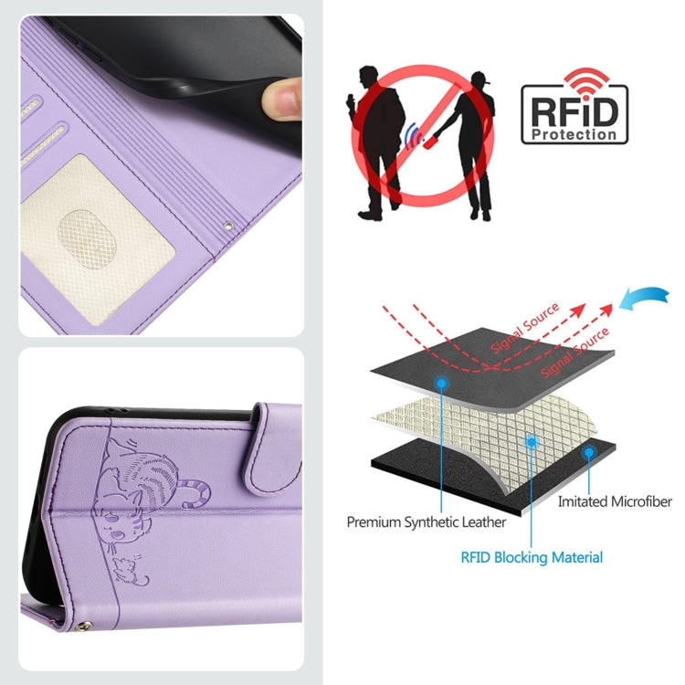 Funda de Cuero Rfid para Oukitel C57S con Estampado de Rata y Gato en Relieve y Cordón (Morado)