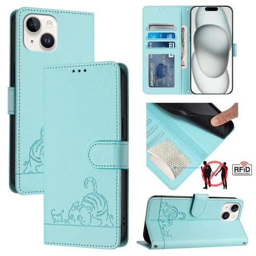 Funda para Teléfono iPhone 15 Pu Rfid con Patrón en Relieve Cat Rat y Correa para la Muñeca (Verde Menta) - MOVILSTORE