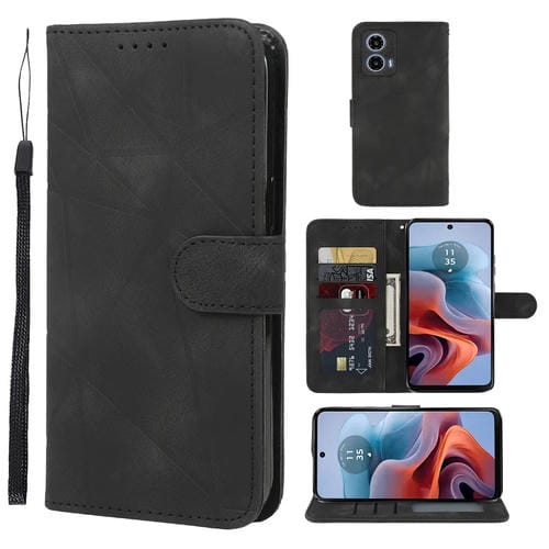 Funda de Cuero para Motorola Moto G34 con Diseño Geométrico y Líneas (Negro)
