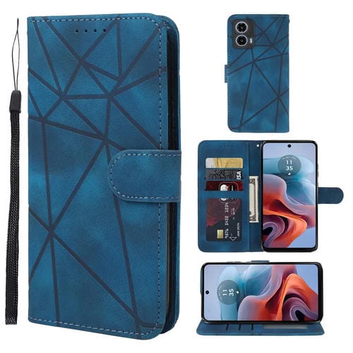 Funda de Cuero para Motorola Moto G34 con Líneas Geométricas y Tacto Suave (Azul)