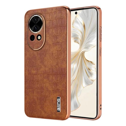 Funda para Teléfono Azns con Textura de Cocodrilo y Marco Galvanizado para Huawei Nova 13/Nova 12 (Marrón)