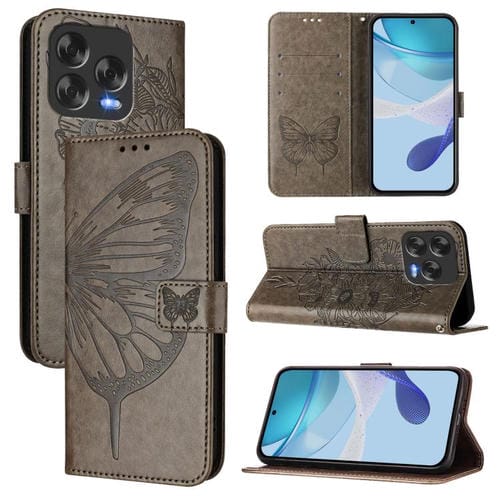 Funda de Cuero para ZTE Blade V70 con Diseño de Mariposa en Relieve (Gris)