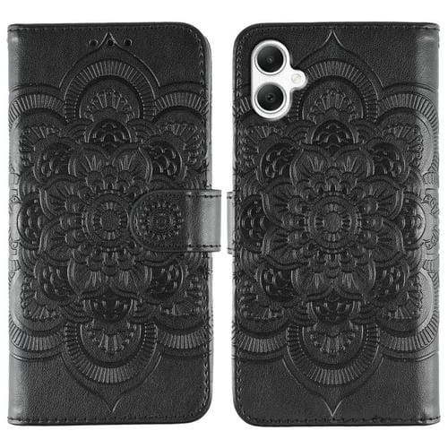 Funda de cuero con estampado de mandala y sol para Samsung Galaxy A05 (negra)