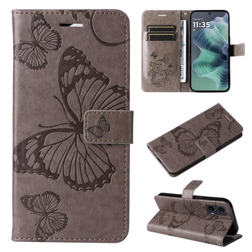 Funda de Cuero con Tapa para Motorola Moto G35 con Diseño de Mariposa en Relieve 3D (Gris)