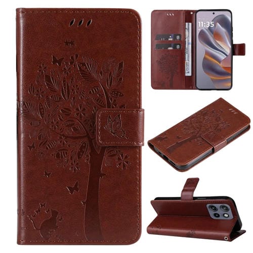 Funda de Cuero con Tapa para Motorola Edge 50 Neo con Diseño de Árbol y Gato en Relieve (Café)