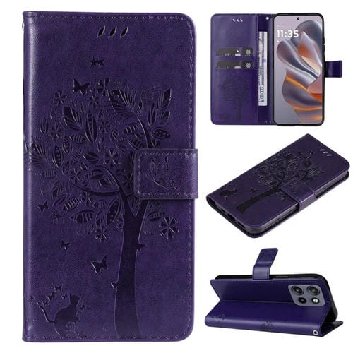 Funda de Cuero con Tapa para Motorola Edge 50 Neo con Diseño de Árbol y Gato en Relieve (Morado)