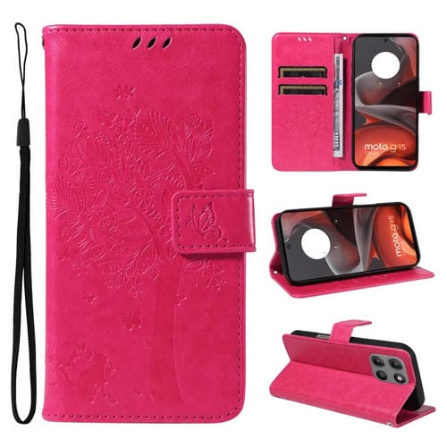 Funda de Cuero con Tapa para Motorola Moto G15 con Diseño de Árbol y Gato (Rosa Rojo)