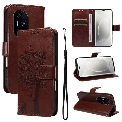 Funda de Cuero con Tapa para Honor 300 Pro/300 U1Tra con Diseño de Árbol y Gato (Café)