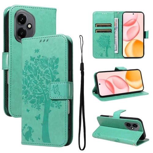 Funda de cuero con tapa para Honor 400 Global (156,5 mm), diseño de árbol y gato (verde)