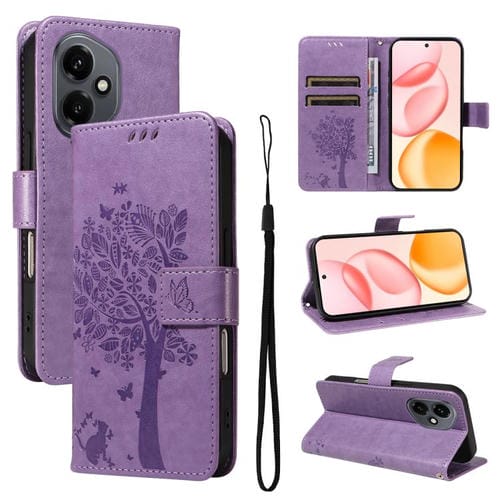 Funda de cuero con tapa para Honor 400 Global (156,5 mm), diseño de árbol y gato (morado claro)