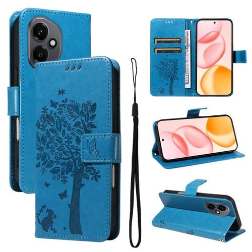 Funda de cuero con tapa para Honor 400 Global (156,5 mm), diseño de árbol y gato (azul)